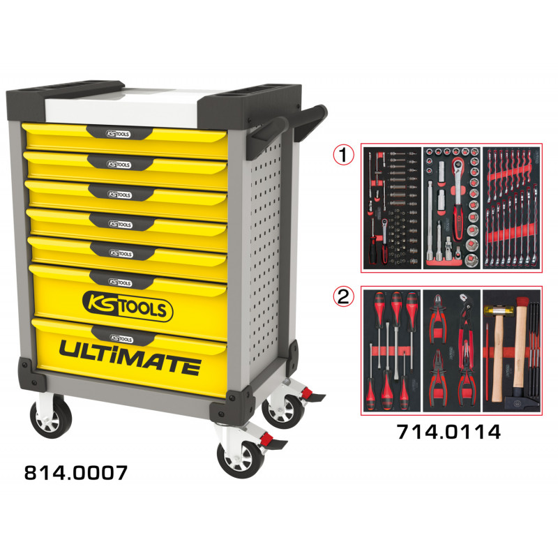 Servante ULTIMATE jaune et gris 7 tiroirs équipée de 114 outils