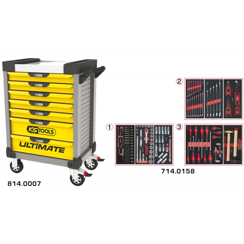 Servante ULTIMATE grise et jaune 7 tiroirs équipée de 158 outils